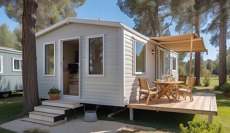 Un mobil-home dans un camping dans les Landes.